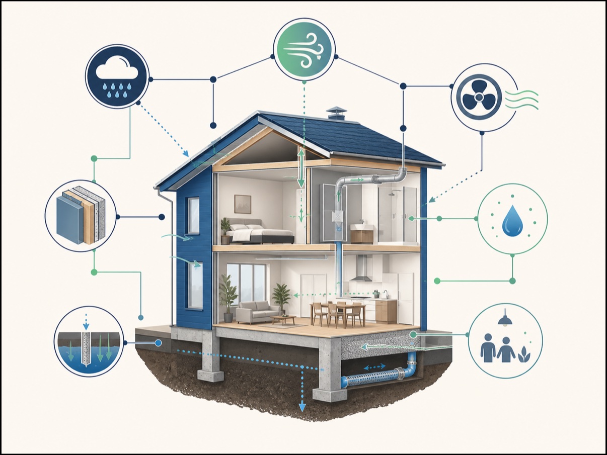 Le bâtiment comme système Schéma conceptuel du bâtiment comme système reliant l’enveloppe, la ventilation, l’humidité, le climat et les usages.