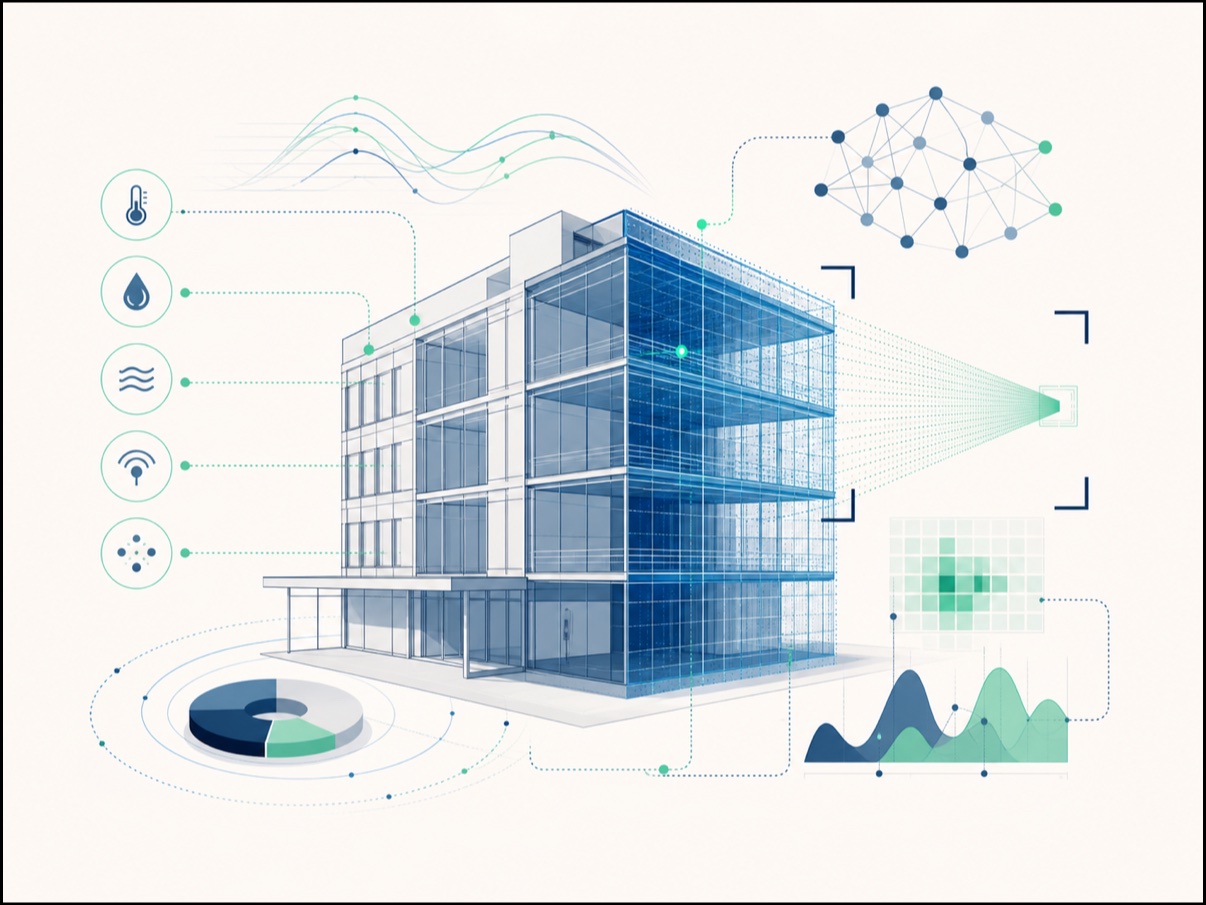 Science des données et intelligence artificielle appliquées au bâtiment Illustration conceptuelle d’un jumeau numérique de bâtiment analysé par des outils de science des données et d’intelligence artificielle.